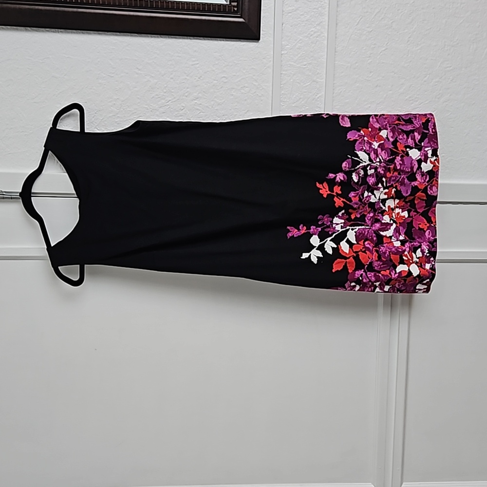 Apt.9 A-line sleeveless midi dress, bateau neckline, size 12, floral on black